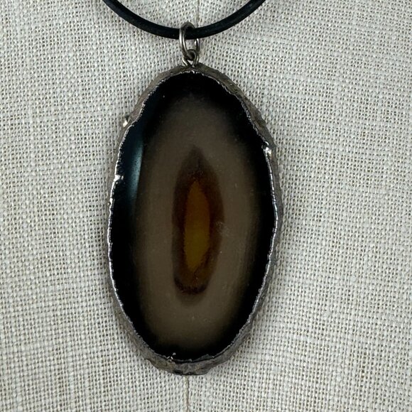 Natural Agate Slice Pendant Necklace With Black Cord Lobster Clasp Artisan 18" - Picture 2 of 10